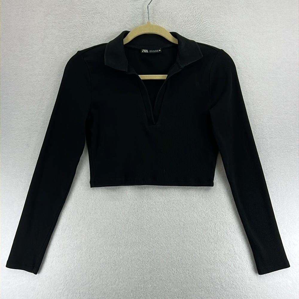 Zara Women’s Crop Polo Top Size L Black Ribbed Stretch Long Sleeve V-neck EUC